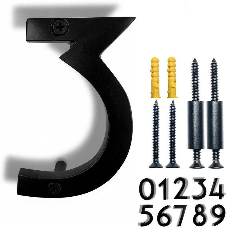 NACH Floating House Numbers, 4 inch Aluminum Black House Numbers for Outside - Number 3, Door Numbers with Mounting Hardware - Image 1